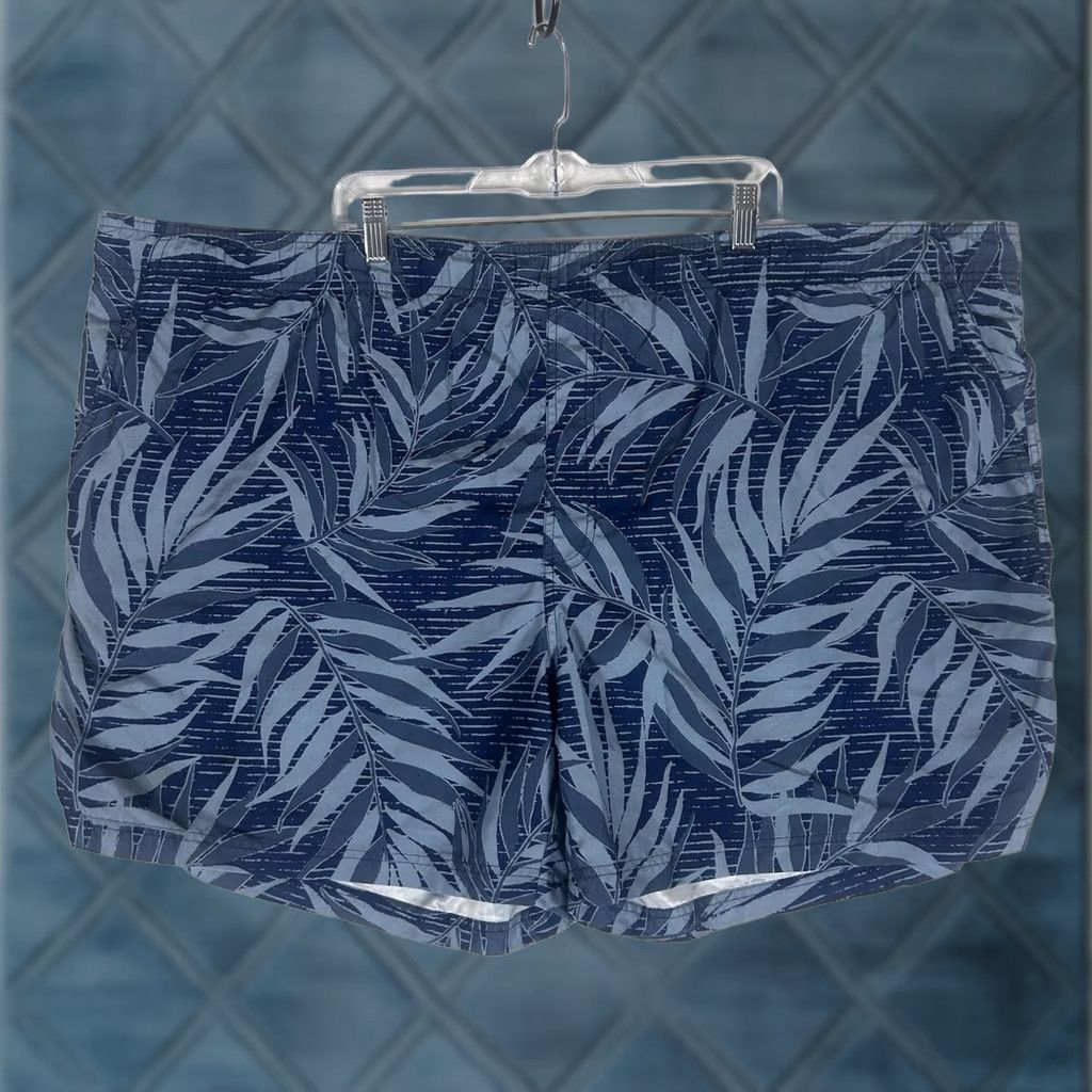 Vintage OP Ocean Pacific Mens 3XL Swim Trunks Blue Palm Leaf Print Drawstring Pockets Size ONE SIZE - 1 Thumbnail