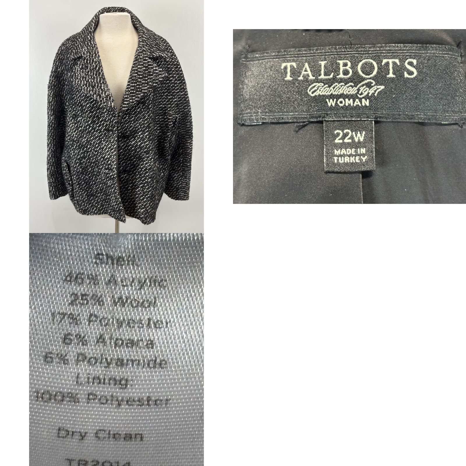 Talbots TALBOTS Plus Size 22W Wool Blend Jacket Black White Tweed Lined Career Womens Size 3XL / US 20-22 - 8 Thumbnail