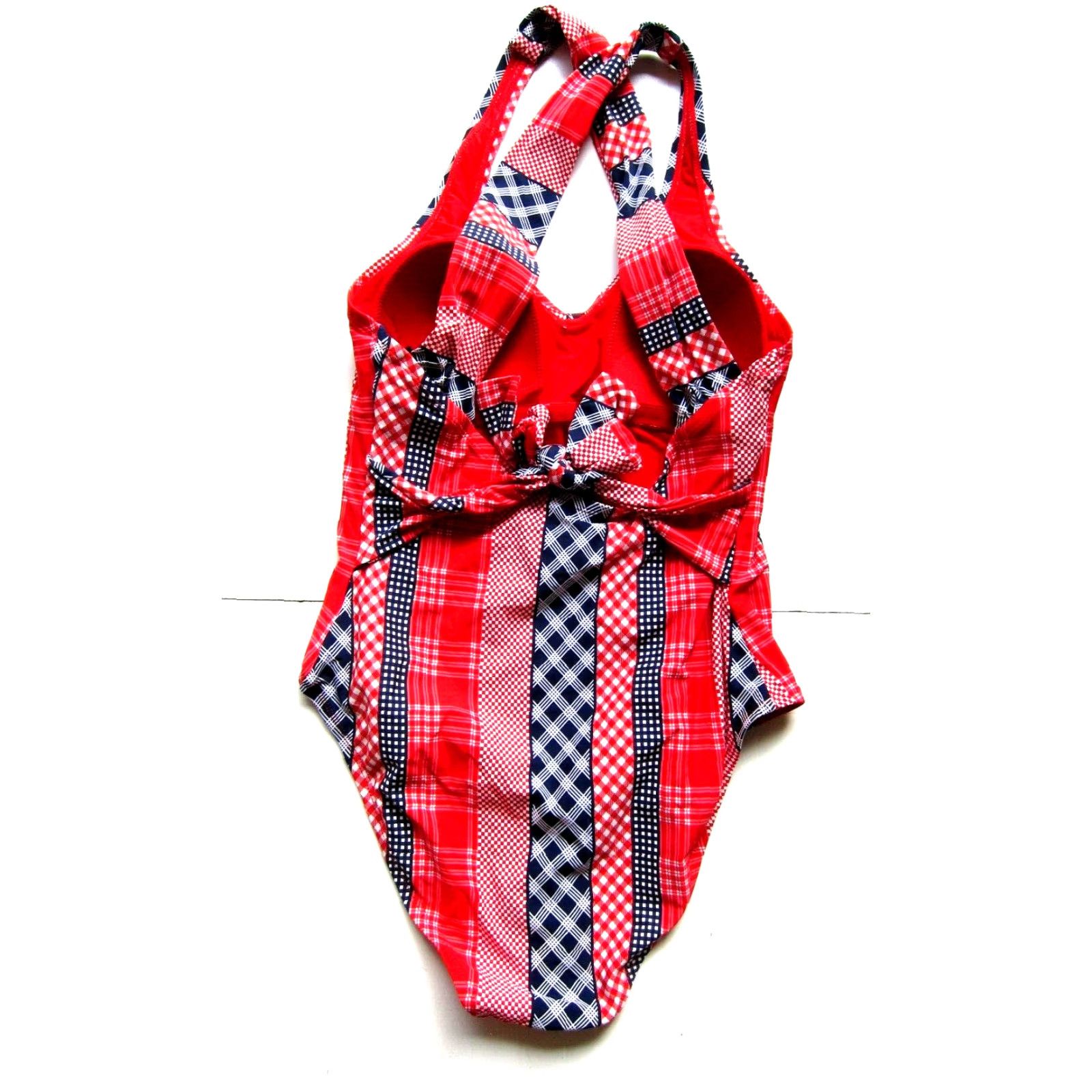 Vintage Sea Angel One Piece Swimsuit Women Medium Plaid Stripe USA Red White Blue Navy Nylon Lycra 88% Slimming Size ONE SIZE - 2 Thumbnail