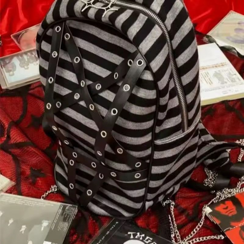 Other Gothic Punk Striped Zipper Capacity School College Backpack Size ONE SIZE - 3 Thumbnail
