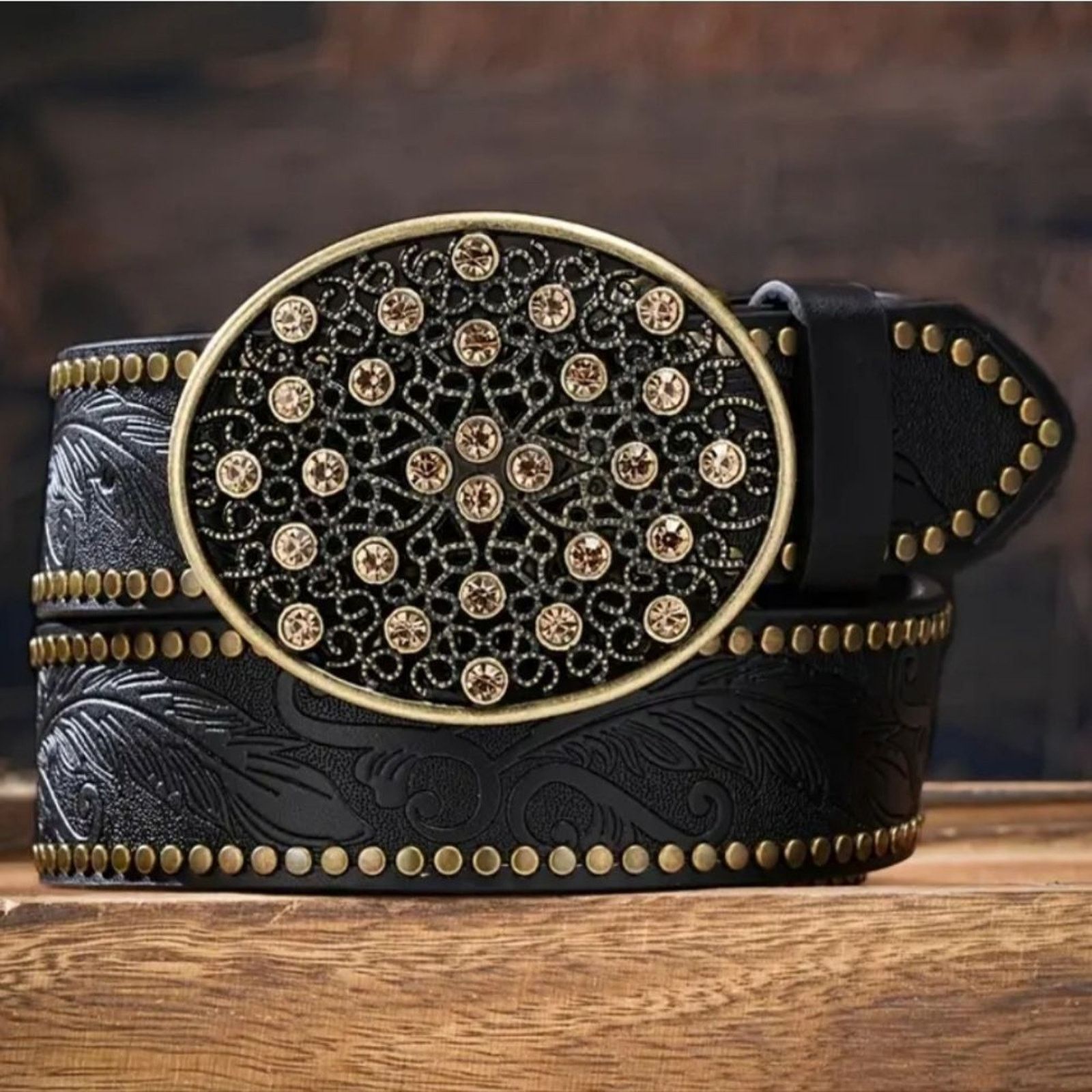 Other Vegan Black Leather Belt Western Style Embossed Pattern Size ONE SIZE - 6 Thumbnail