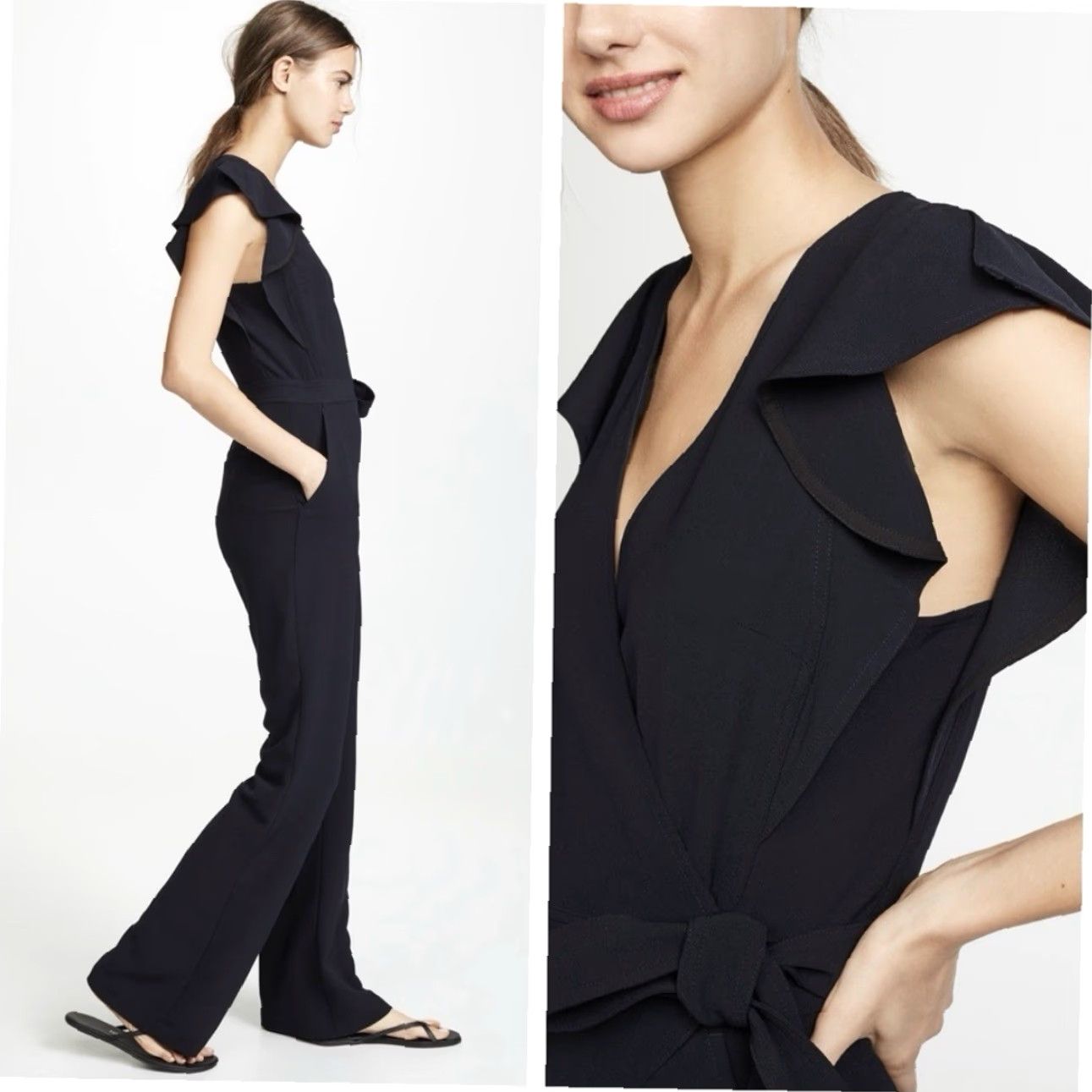 Vintage A.L.C. Wilder Jumpsuit Black Wrap Front Tie Waist Wide Leg Size 8 Ruffle Sleeves Party Cocktail Womens Size 30" / US 8 / IT 44 - 2 Thumbnail
