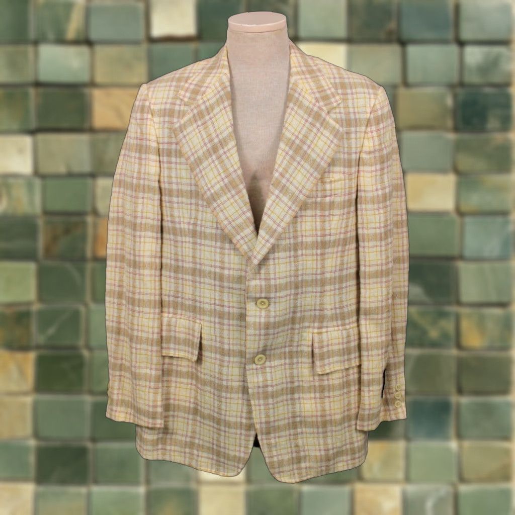 Vintage VINTAGE James Davis Blazer Shirt 70s Mens Wool Linen Beige Yellow Plaid Size 42 1970s 70s Blazer Mens Size 42R - 1 Thumbnail