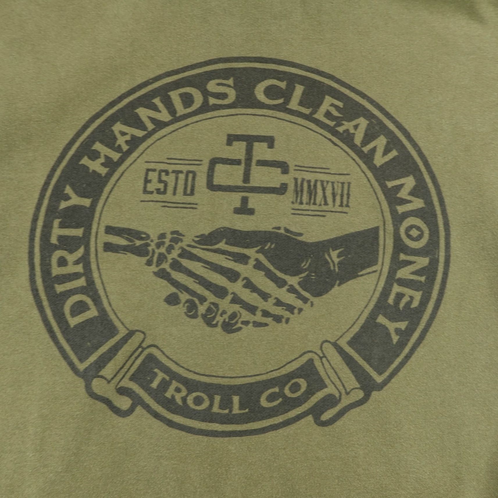 VINTAGE Troll Co Hoodie Mens Medium Green Dirty Hands Clean Money Pullover Sweatshirt