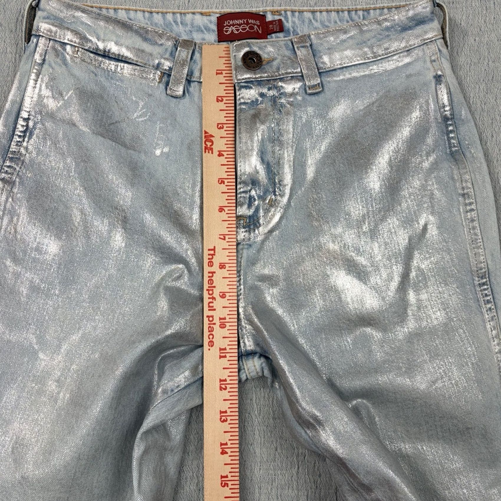 Johnny Was VINTAGE Johnny Was x Sasson Silver Metallic Waxed Jeans Straight Regular Fit Y2K 28X29.5 Womens Jeans Size 28" / US 6 / IT 42 - 2 Thumbnail