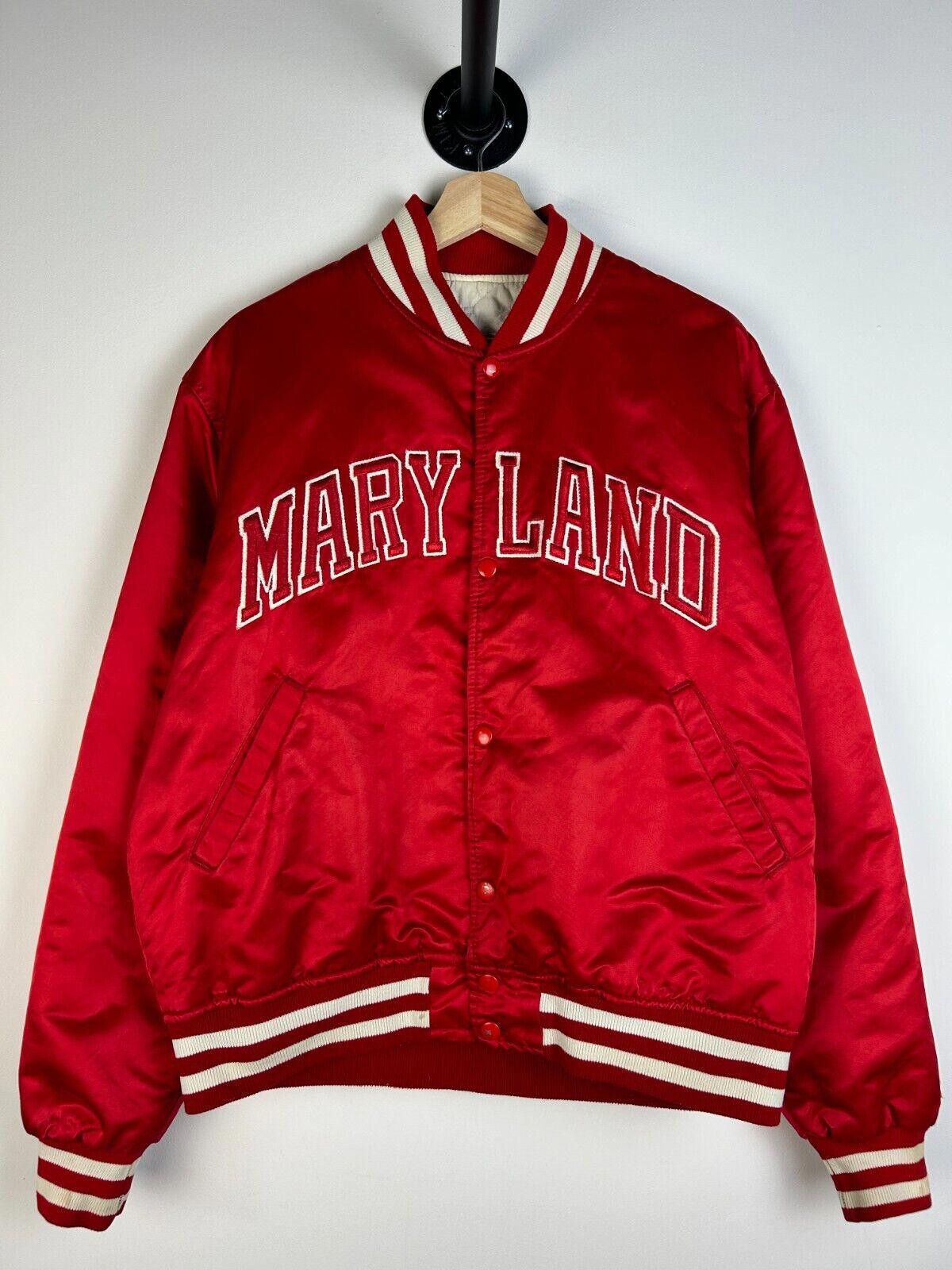 image of American College x Starter Vintage 80's Maryland Red Starter Satin Varsity Bomber Jacket (Size Larg