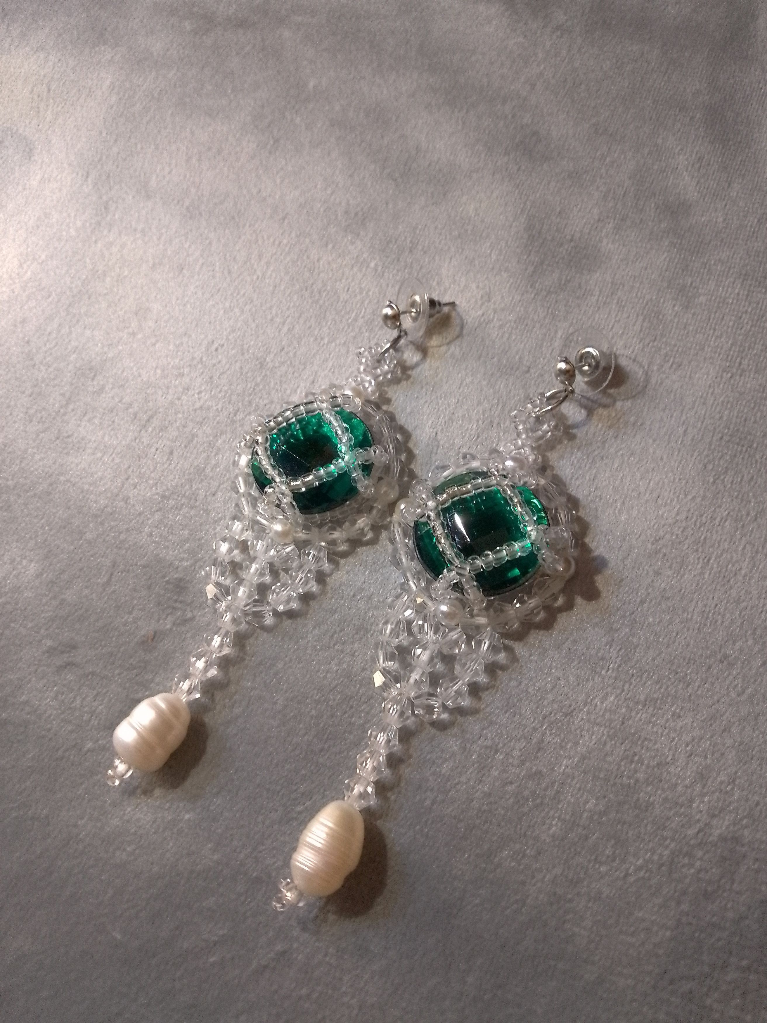 Handmade Chandelier dangle earrings Green zircons freshwater pearls Size ONE SIZE - 4 Thumbnail