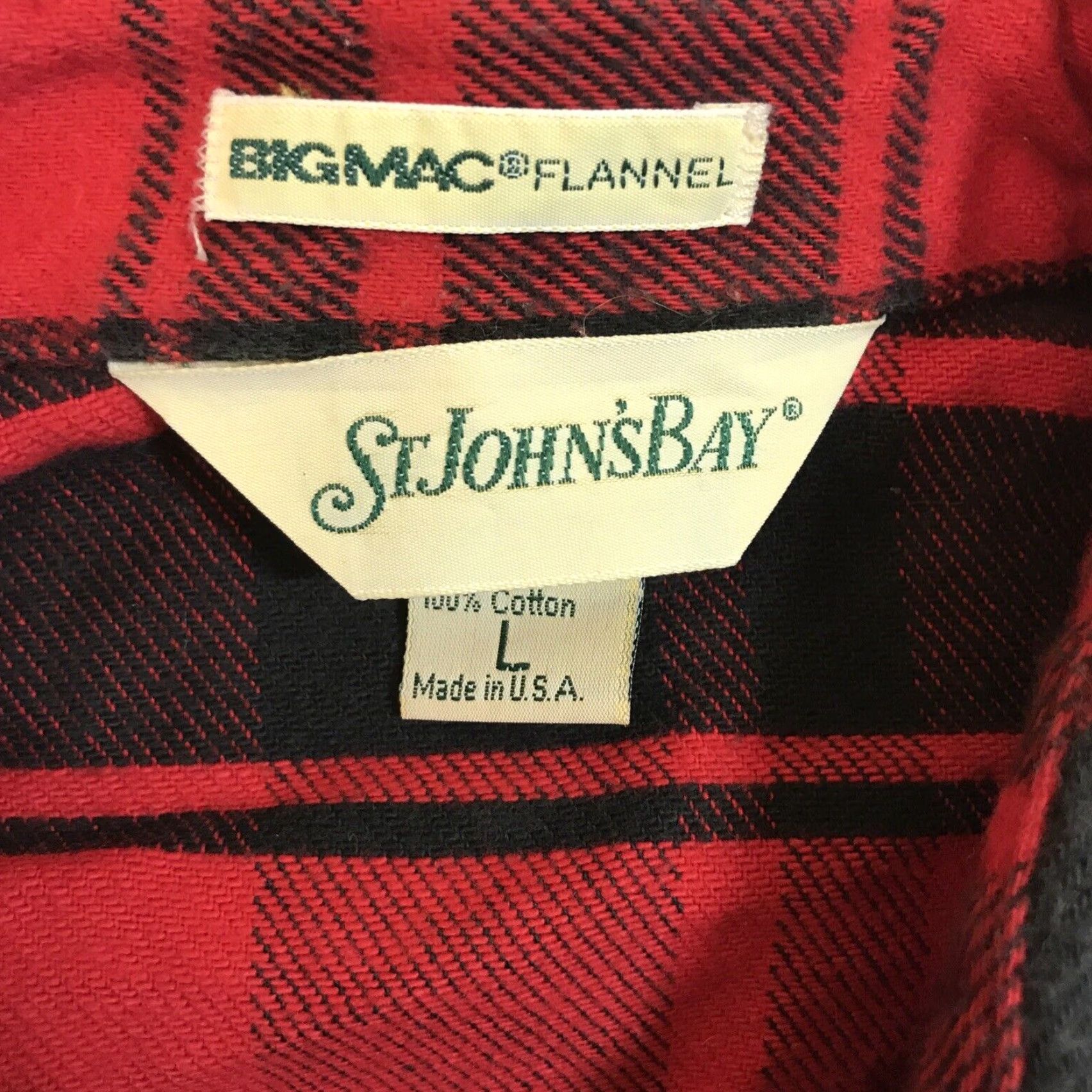 Vintage VINTAGE Big Mac Shirt Plaid Flannel Button-Up Red/Black L Men USA Heavyweight Regular Collar Spread Long Sleeve Knit Cotton (St Johns Bay) Size US L / EU 52-54 / 3 - 2 Thumbnail