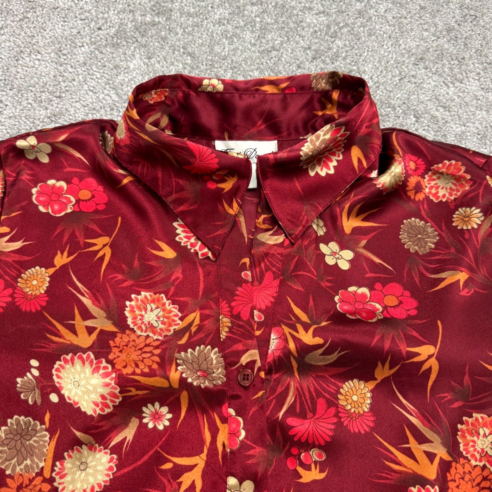 FRED VINTAGE Fred David Blouse Shirt Women XL Burgundy Red Floral Satin Button Down Top 90s Christmas Retro Floral Long Sleeve Ladies Regular Size XL / US 12-14 / IT 48-50 - 3 Thumbnail
