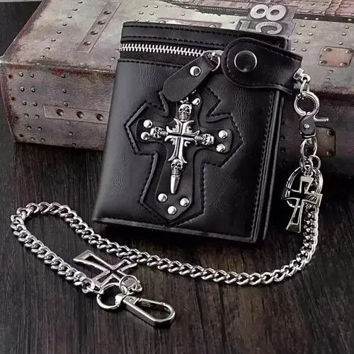 Leather Cross Clasp Leather Wallet with Antique Biker Chain Size ONE SIZE - 1 Thumbnail