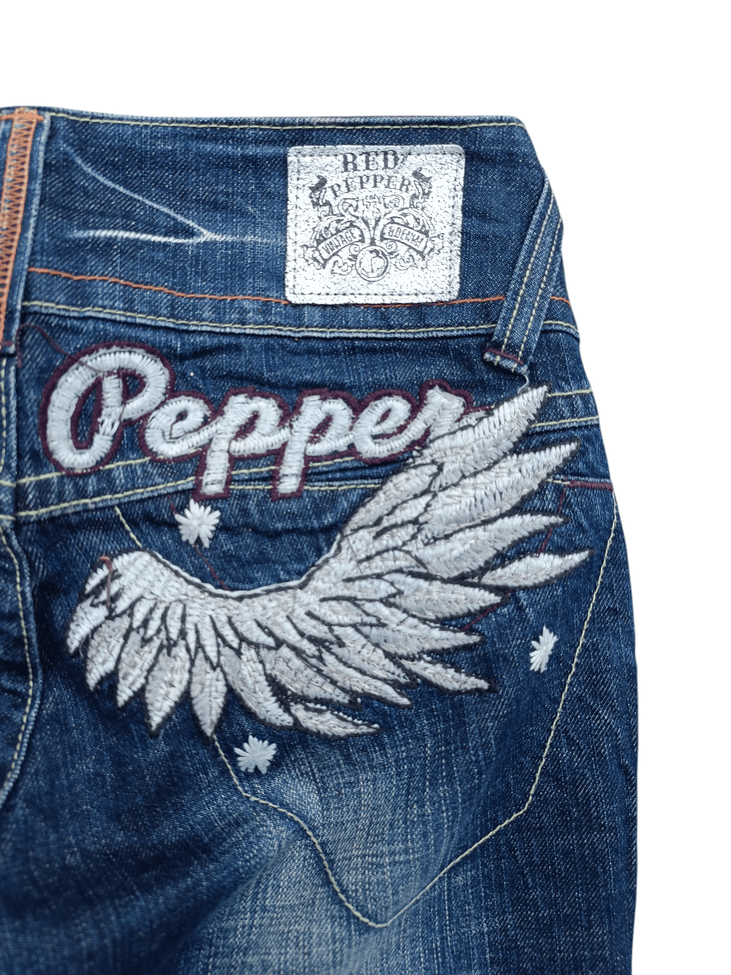 Beauty Beast × If Six Was Nine × Tornado Mart Flared Red Pepper Low Rise Embroidery Angel Wings Denim Size US 29 - 9 Thumbnail