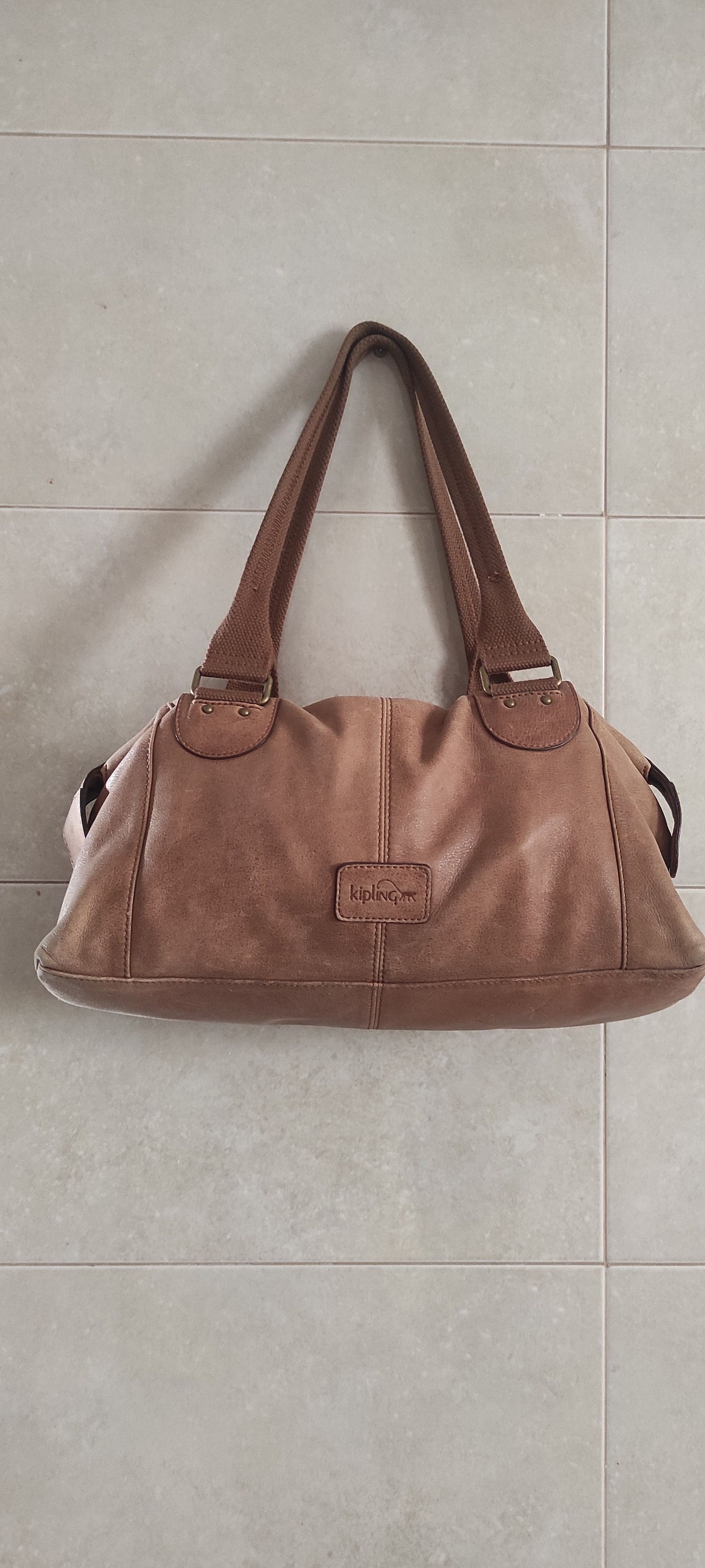 Kipling Shoulder Bag Brown Leather Brass Monkey Zip Top