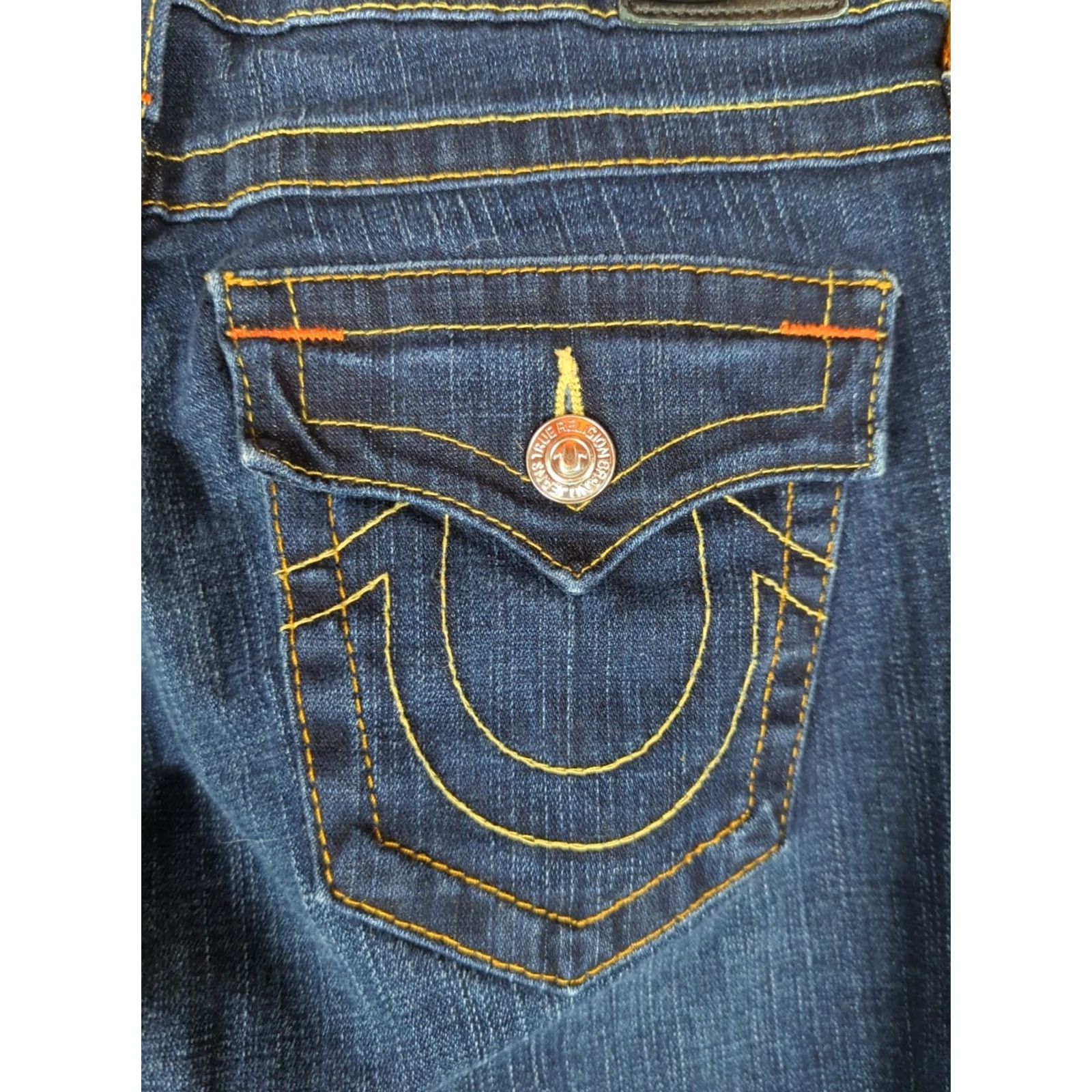 True Religion VINTAGE True Religion Jeans 5-Pocket Regular Bootcut Blue Women 29 Dark Wash Cotton Elastane Belt Loops Zip Pocket Design American Theme Size 29" - 7 Thumbnail