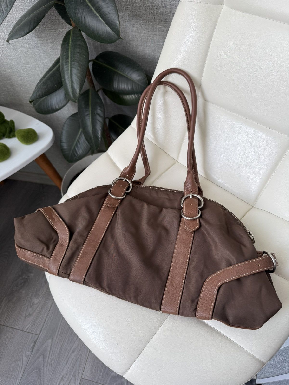 Prada Vintage 00s Prada Triangle Logo Nylon & Leather Brown Bag Size ONE SIZE - 16 Thumbnail