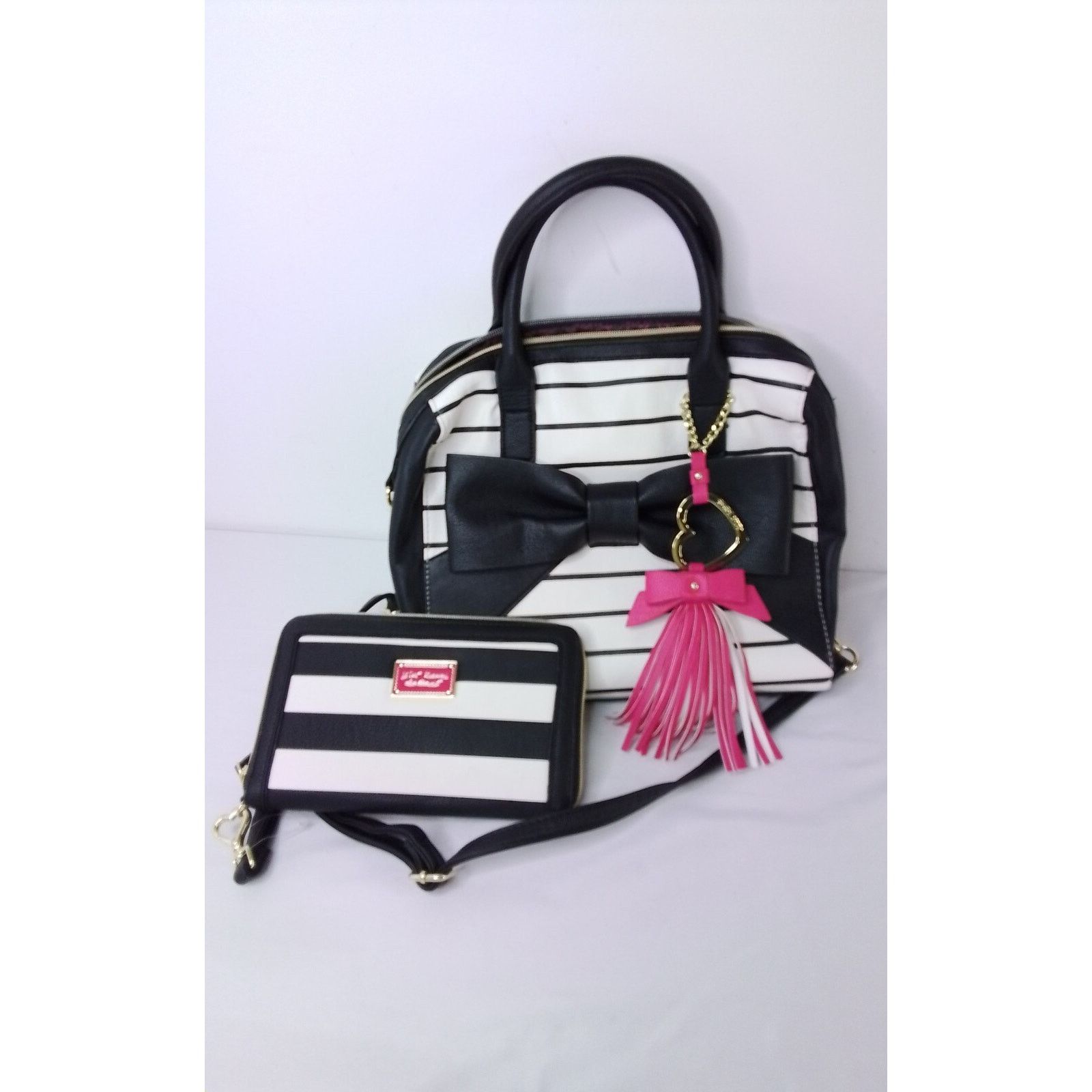 Betsey Johnson Betsey Johnson Handbag + Wallet Black + White Stripe Big Bow Size ONE SIZE - 5 Thumbnail