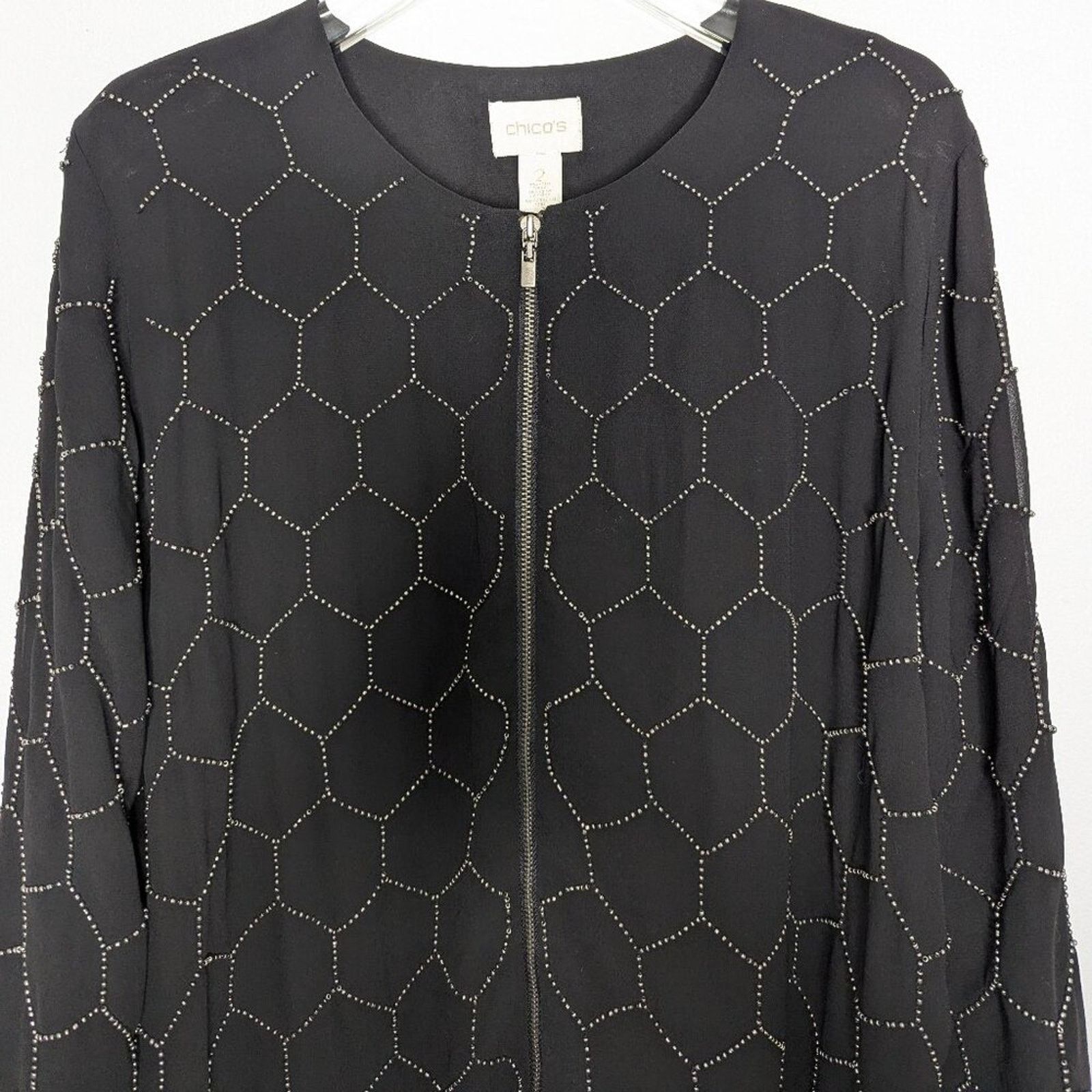 Chicos Chico's Black Long Sleeve Beaded Bomber Jacket Full Zip NWT Size L / US 10 / IT 46 - 10 Thumbnail