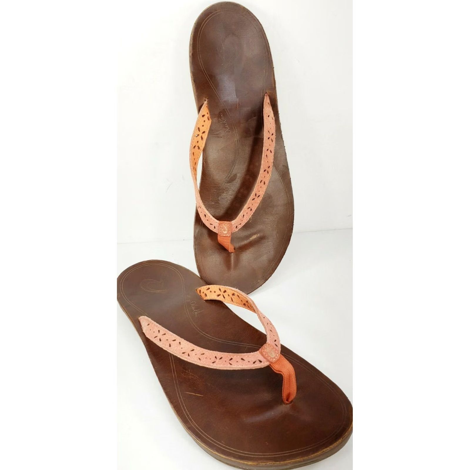 Olukai OluKai Puka Flip Flops Sandals Womens Size 9 Coral Perforated Straps Leather Slip On Flat Satin? Size US 9 / IT 39 - 2 Thumbnail
