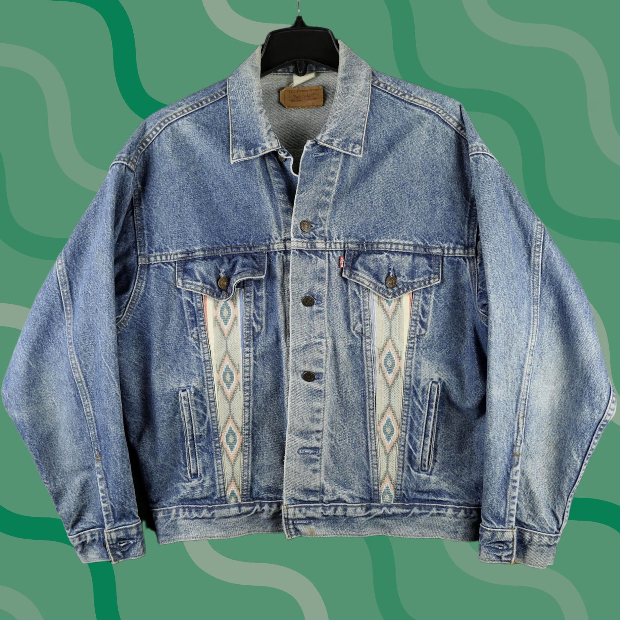 Levi's VINTAGE Levi's Jacket Mens M Blue Denim Southwestern Aztec Bomber Trucker 90 Size US M / EU 48-50 / 2 - 1 Thumbnail