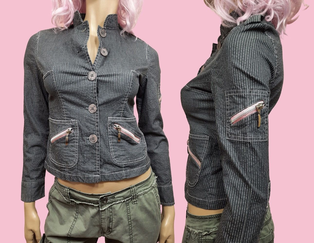 Vintage Y2K Fitted Shrunken Jacket With Zippers Grey Pink Pinstripe Size S / US 4 / IT 40 - 1 Thumbnail