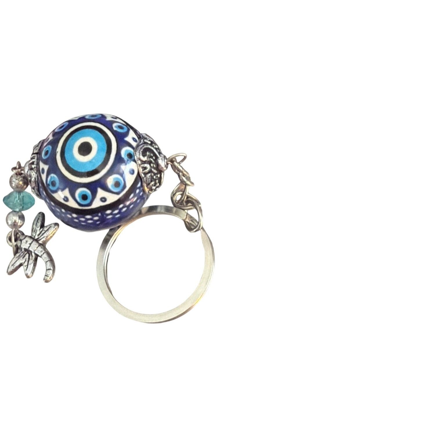 Other Turkish Evil Eye Ceramic Bead Keychain Dragonfly Silver Tone Size ONE SIZE - 5 Thumbnail