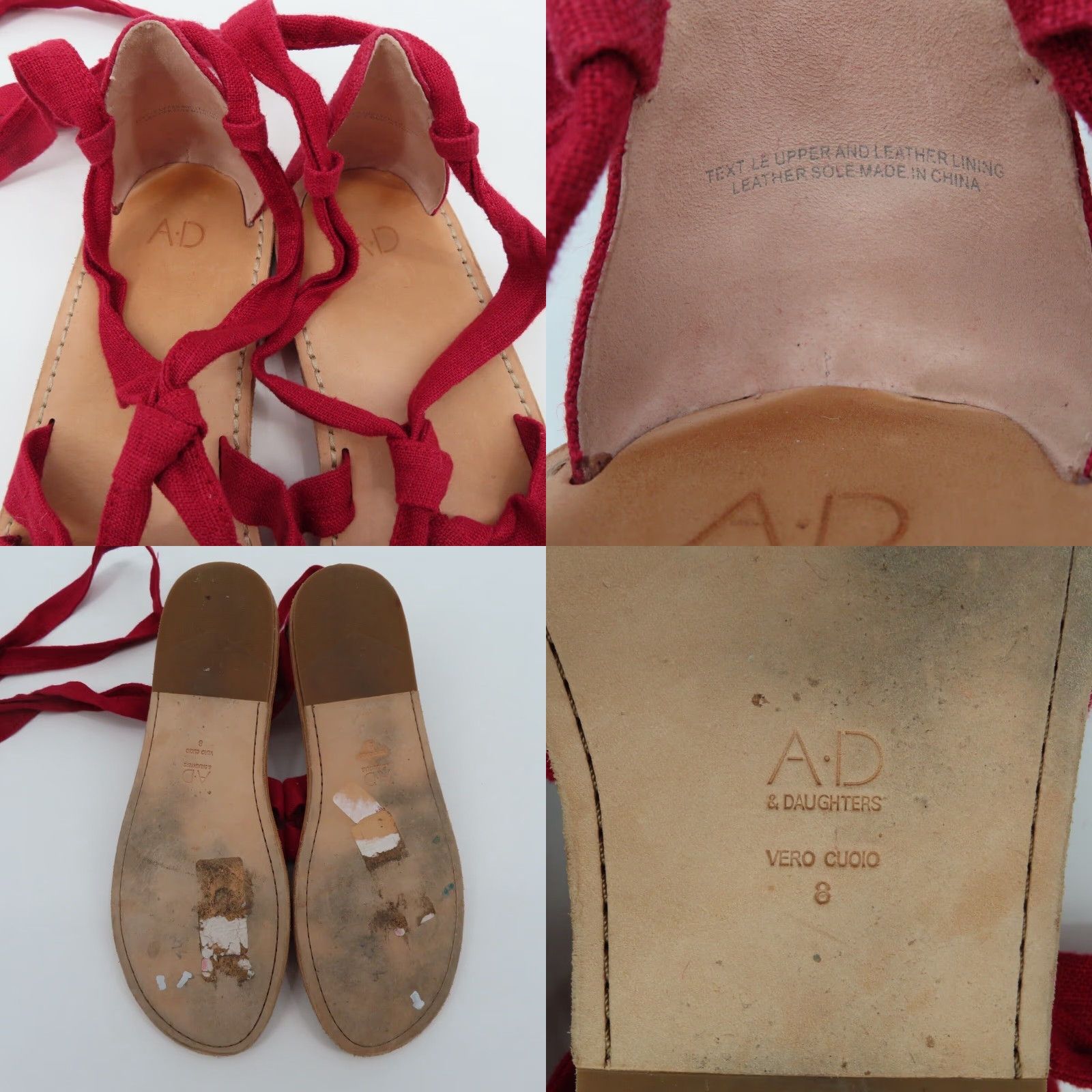 Vintage AD & Daughters Sandal Womens 8 Gladiator Open Toe Lace Up Flat Red Bristela Shoes Size US 8 / IT 38 - 8 Thumbnail