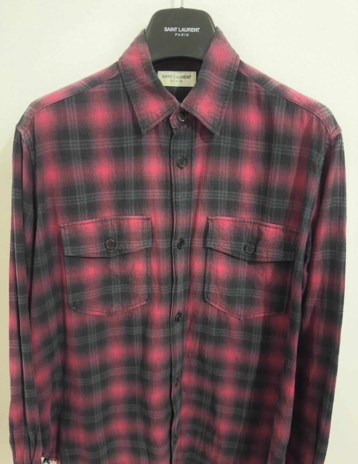 Saint Laurent Paris SLP) 16SS Black/Red Double-Pocket Frayed Hem Plaid Shirt Size US L / EU 52-54 / 3 - 3 Thumbnail