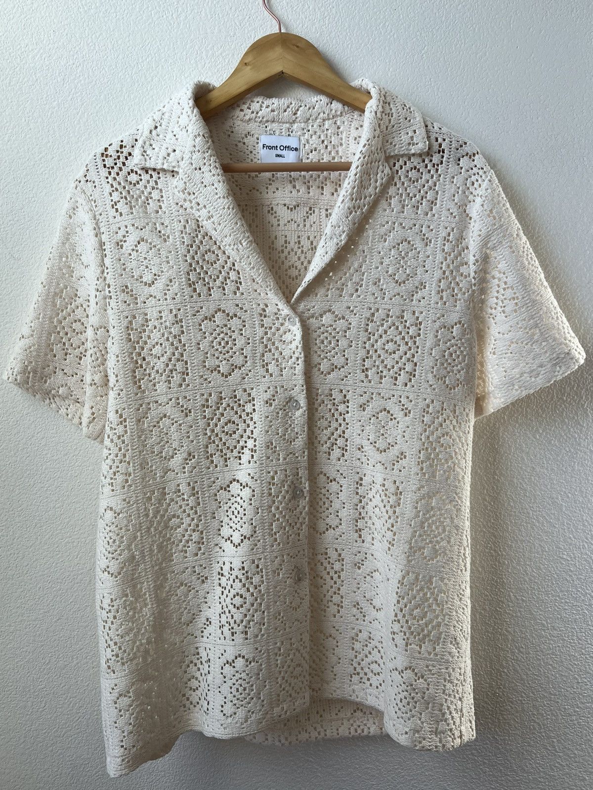 image of Front Office Japanese Lace Camp Collar Shirt in Cream, Men's (Size Small)