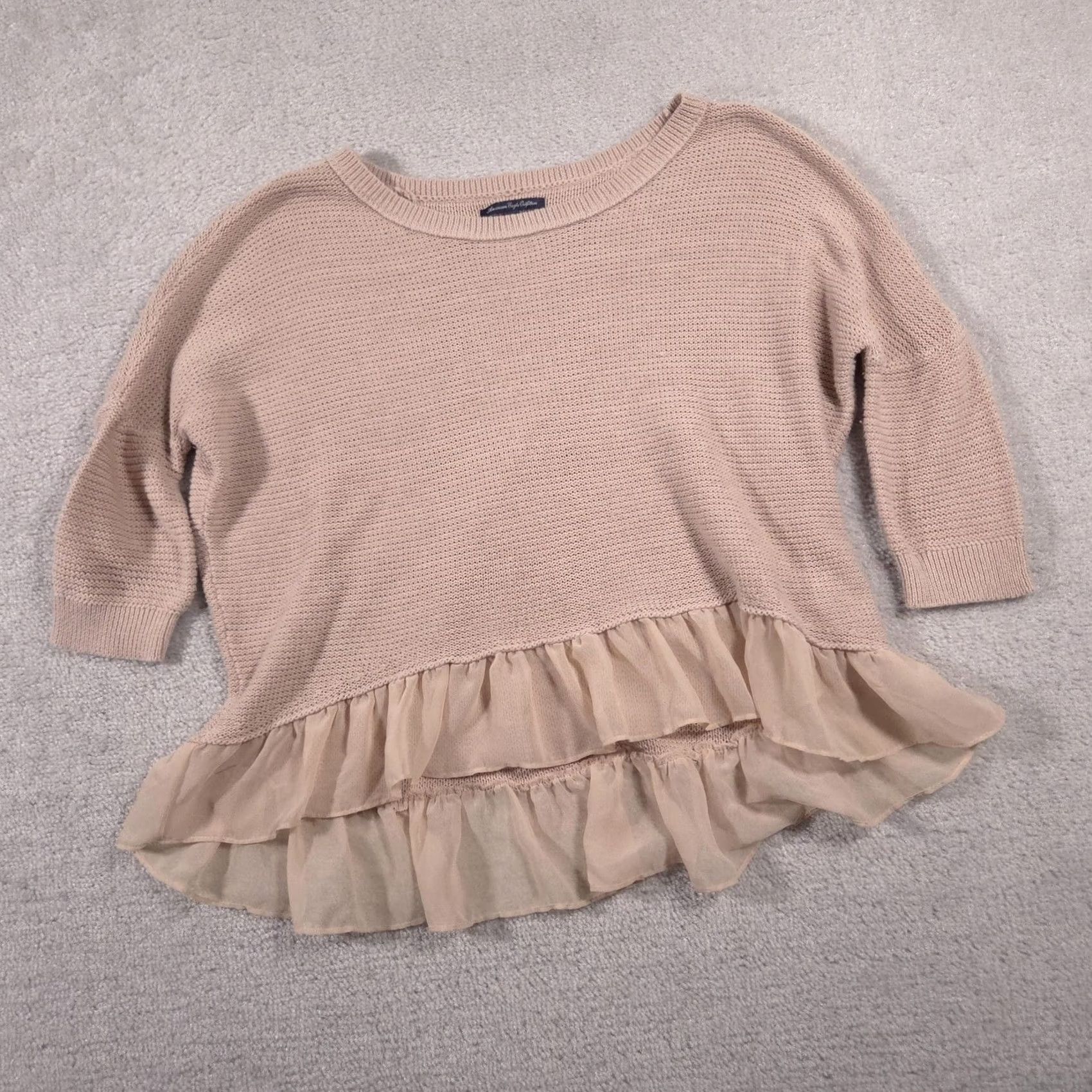American Eagle Outfitters American Eagle Sweater Shirt Womens Small Beige 3/4 Sleeve Knit Pullover Ruffle Hem Casual Size S / US 4 / IT 40 - 2 Thumbnail
