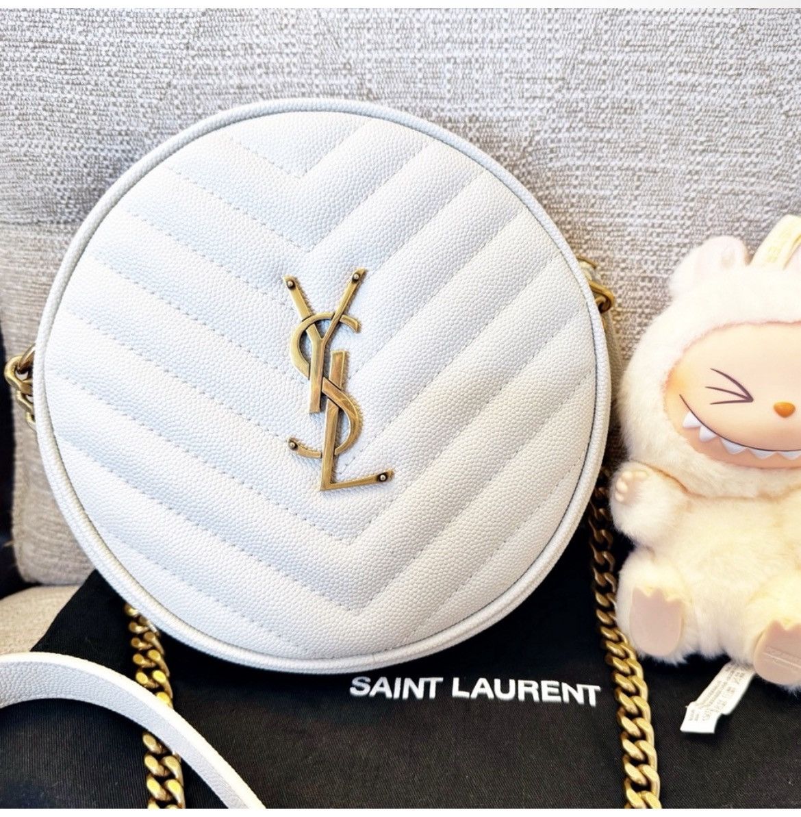 Auth Saint Laurent New Ivory Round Chevron YSL Crossbody Bag