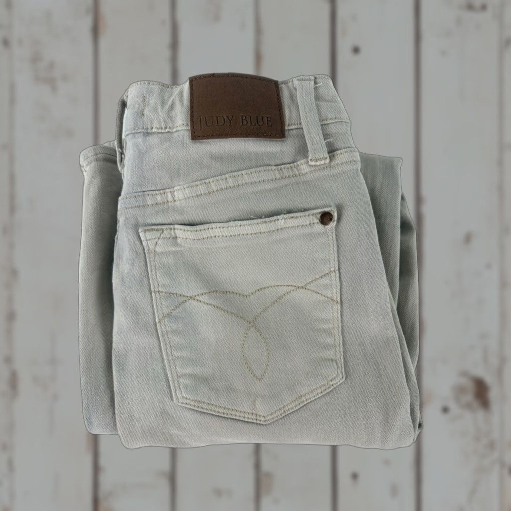 Vintage Judy Blue Jeans Beige Wash Distressed Wide-Leg Womens 27 Jeans Wide-Leg 5-Pocket Denim Cotton Polyester Spandex Retro Bohemian Hipster Size 27" / US 4 / IT 40 - 1 Thumbnail