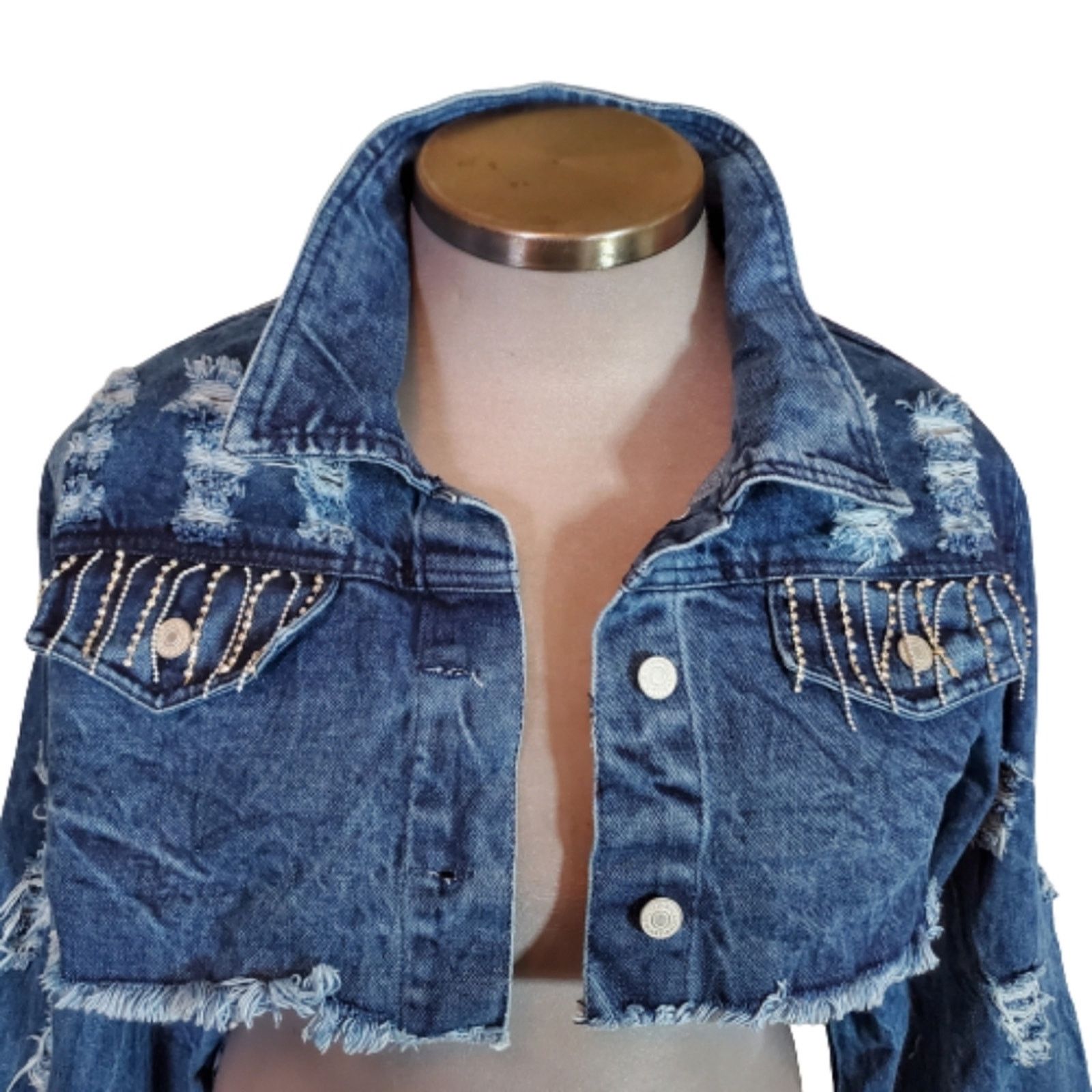THRILLS DISRESSED ☆ RHINESTONE FRINGE ☆ DENIM SHRUG 2x ☆ NWT Size XXL / US 16-18 / IT 52-54 - 3 Thumbnail