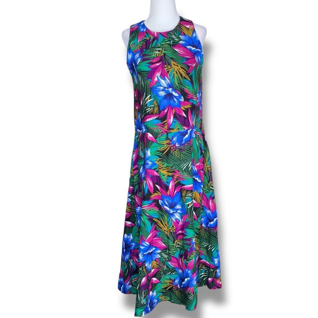 Vintage Vintage 90s Maxi Dress Tropical Print Black Magenta Pink Blue Floral Sleeveless Size M / US 6-8 / IT 42-44 - 1 Thumbnail