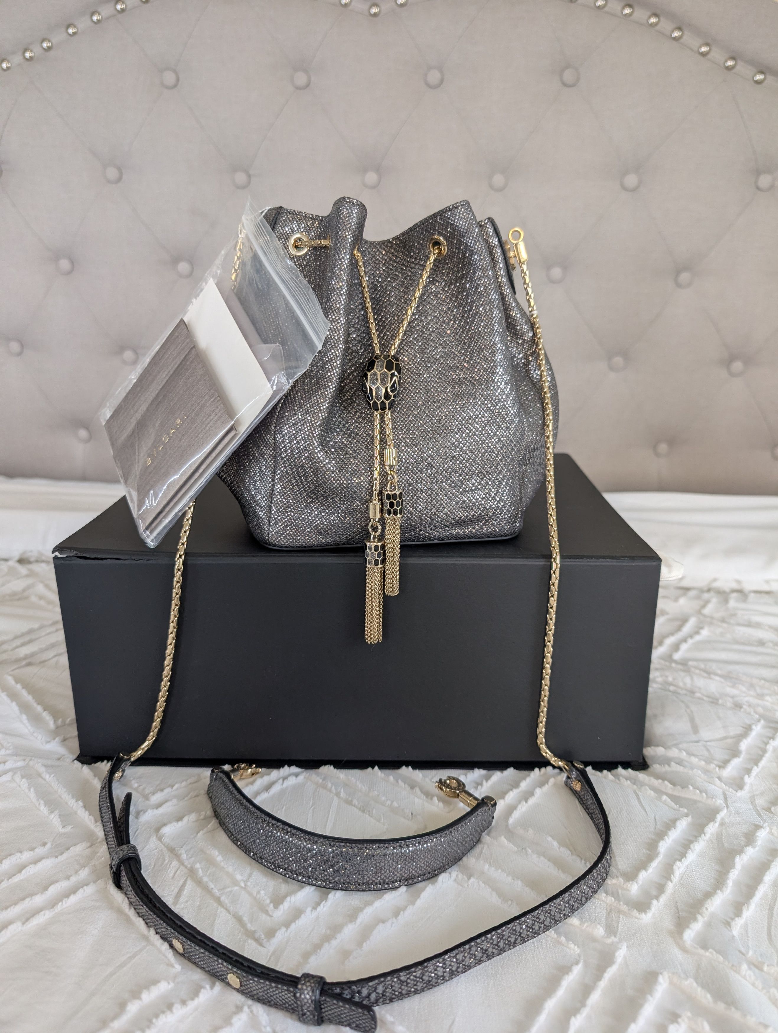 Bvlgari Bvlgari Silver Bucket Drawstring Bag Gold Chain Strap Tassel Size ONE SIZE - 1 Thumbnail