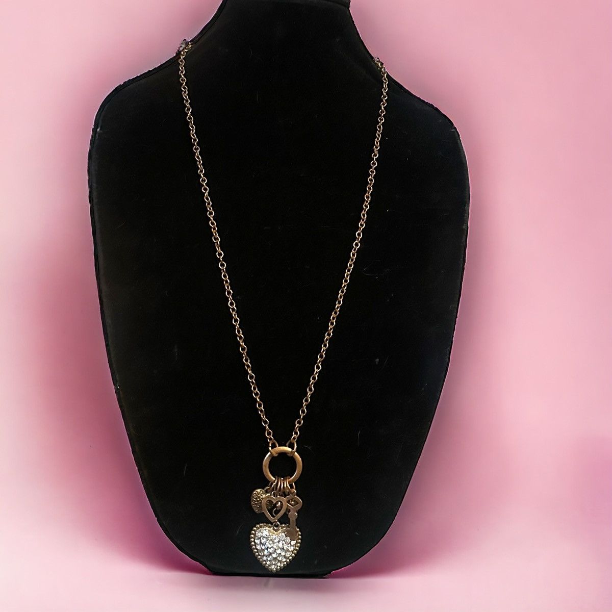 Other Long bronze tone rhinestone heart, key and padlock necklace Size ONE SIZE - 1 Thumbnail