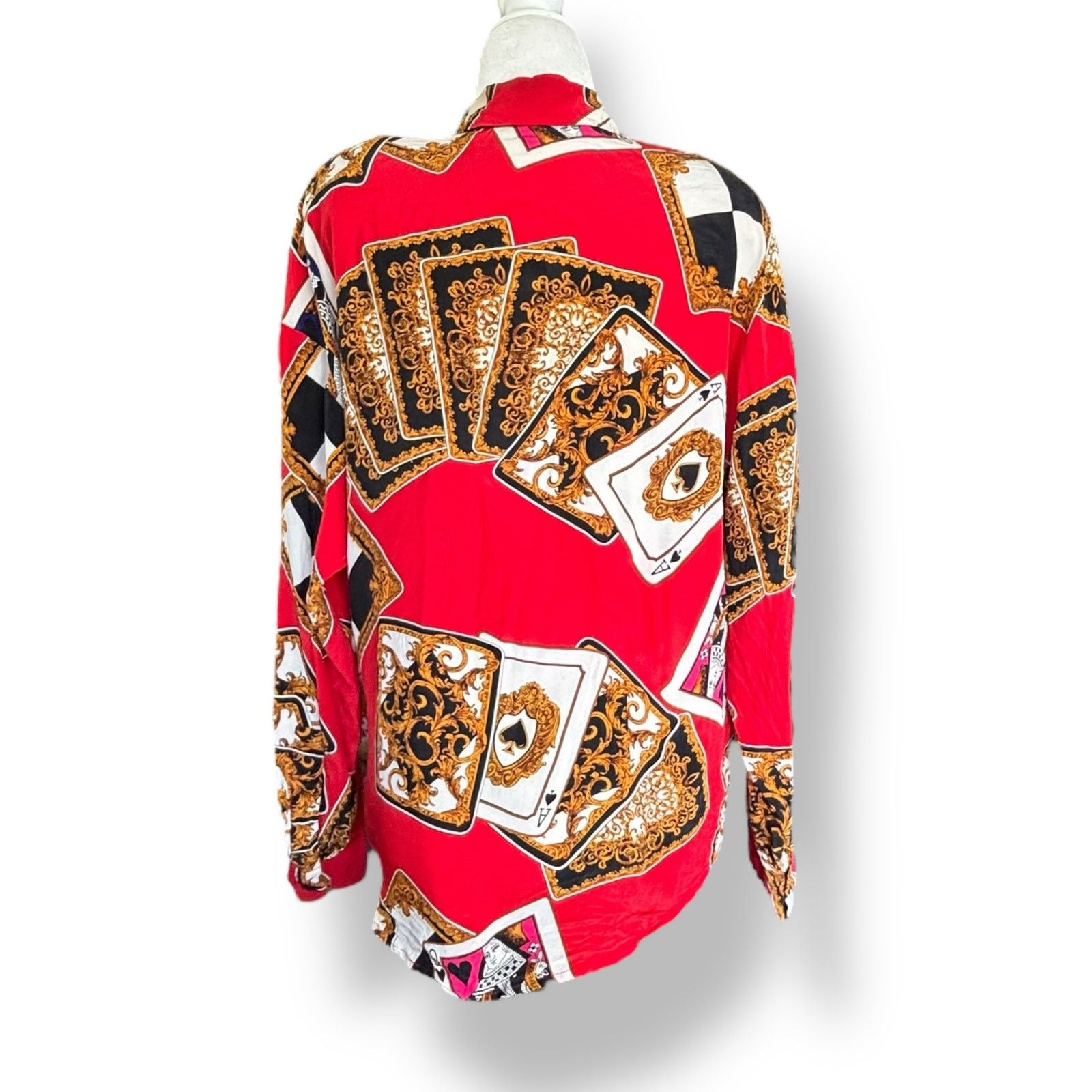 Vintage Vintage 90s Ellen Tracy Red Silk Shirt Playing Card Print Size S / US 4 / IT 40 - 3 Thumbnail