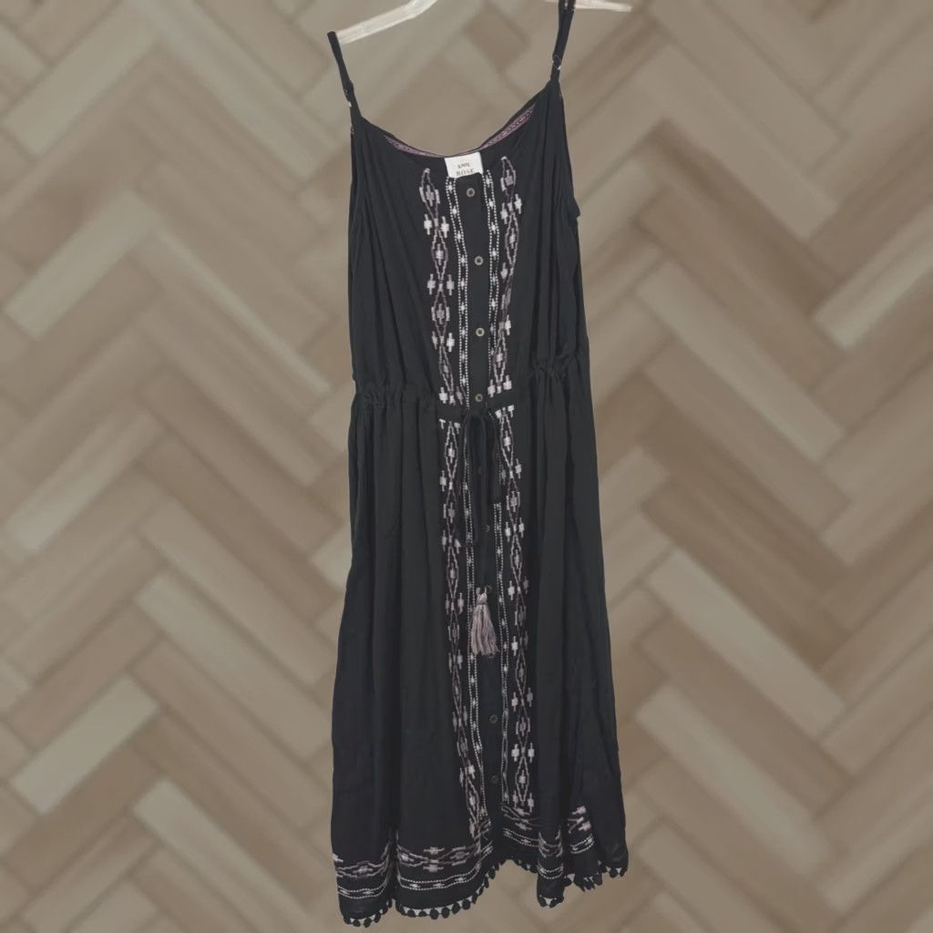 Vintage Knox Rose Mini Dress Womens M Embroidered Peasant Cinch Waist Tassel Geometric Black Sleeveless V-Neck Rayon Short Dress Casual Travel Size M / US 6-8 / IT 42-44 - 1 Thumbnail