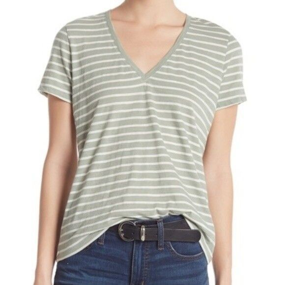 Madewell Madewell Striped V-Neck T-Shirt Light Green & Ivory Soft Lig Size XS / US 0-2 / IT 36-38 - 1 Thumbnail