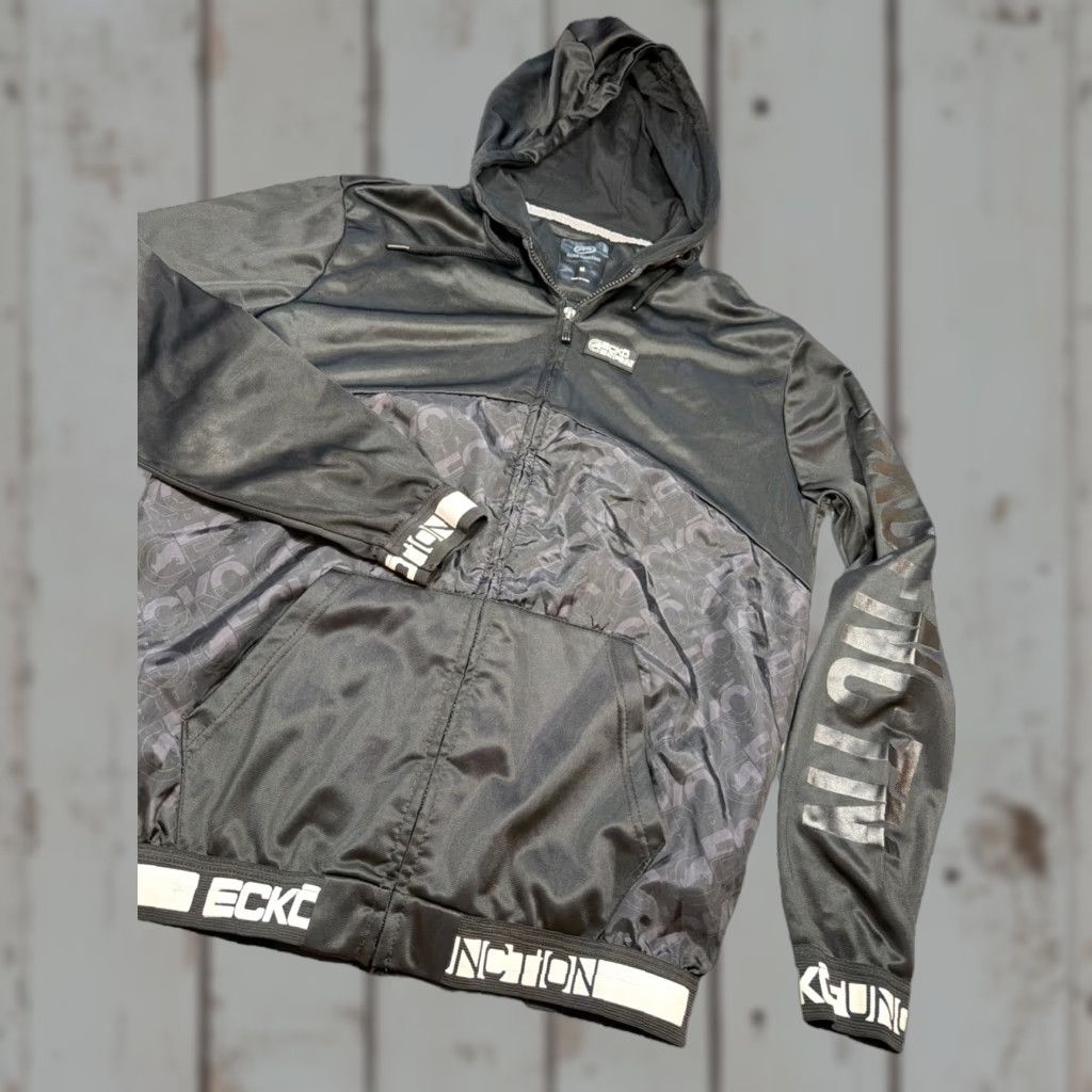 Vintage VINTAGE Ecko Function Black white Hooded Zip Up Athletic Silk Jacket Spellout Mens Med Jacket Size US M / EU 48-50 / 2 - 1 Thumbnail