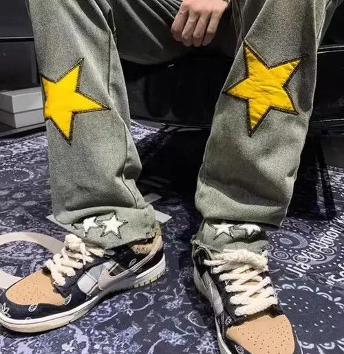 Jean Retro yellow mud color design star embroidered jeans Size US 32 / EU 48 - 8 Thumbnail