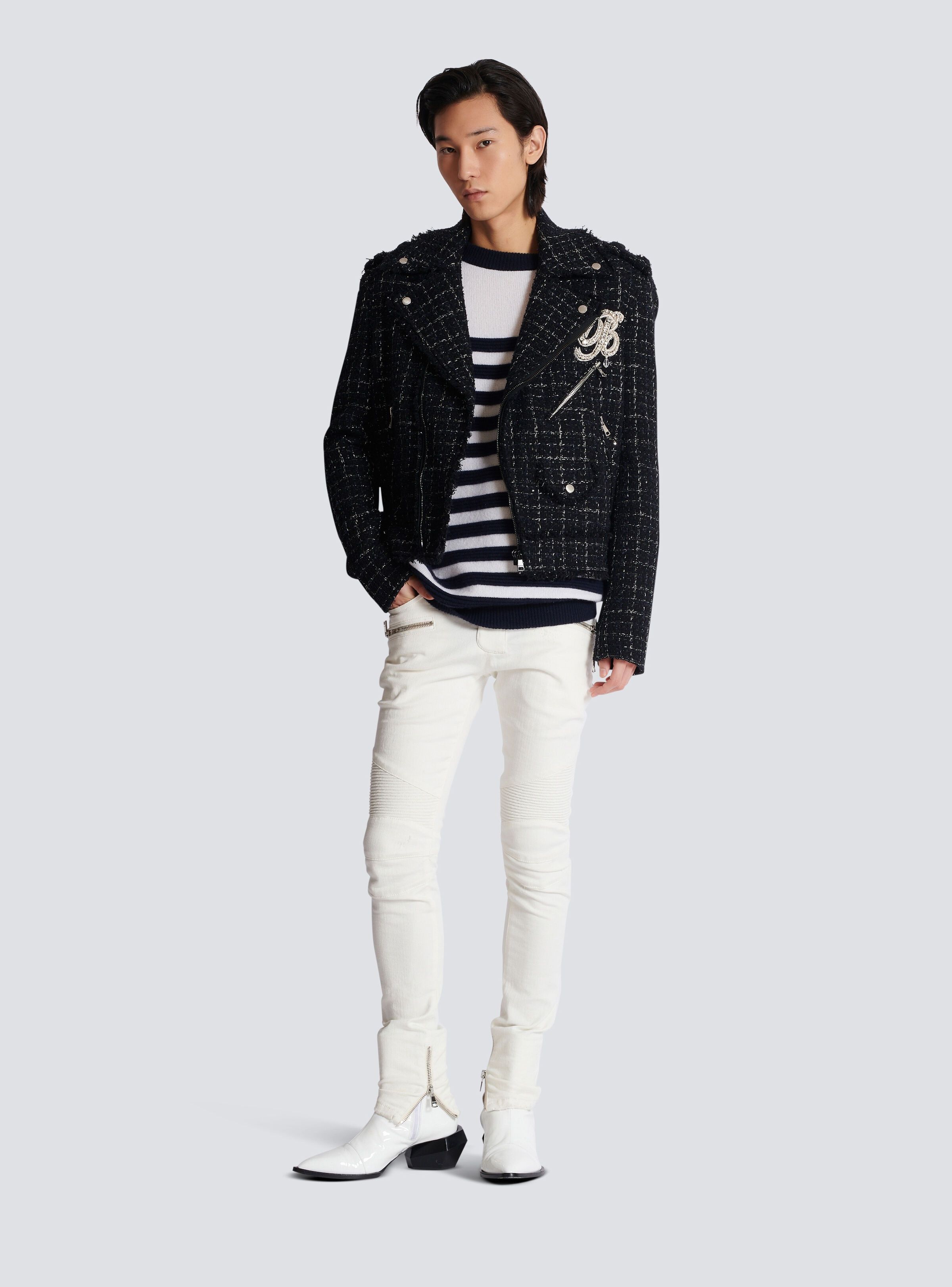 Balmain o1s1wg111025 Checked Tweed Biker Jacket in Black Size US M / EU 48-50 / 2 - 6 Thumbnail
