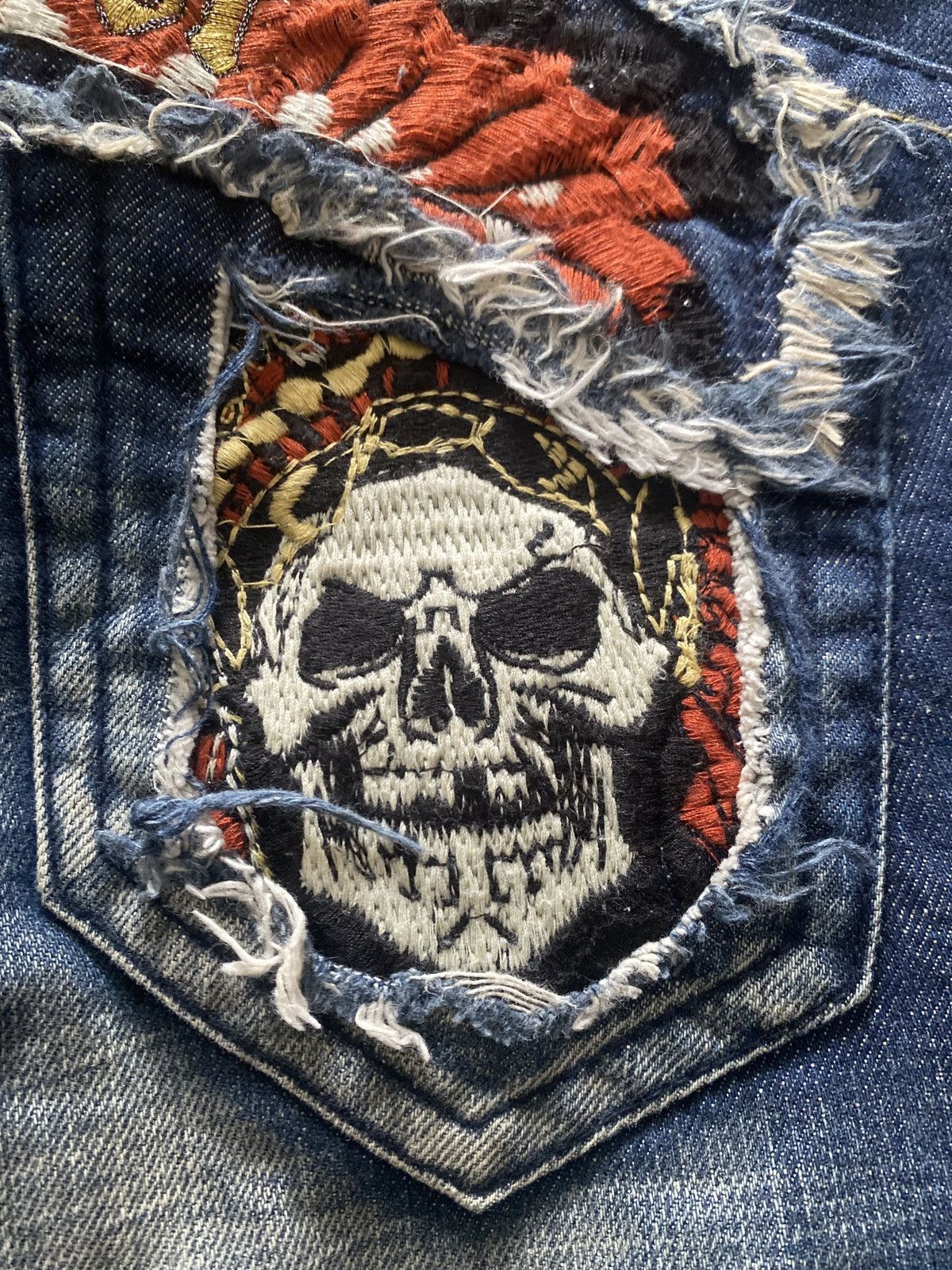 Ed Hardy × In The Attic Red Pepper Embroidered Pocket Flared Denim Jeans Size US 27 - 3 Thumbnail