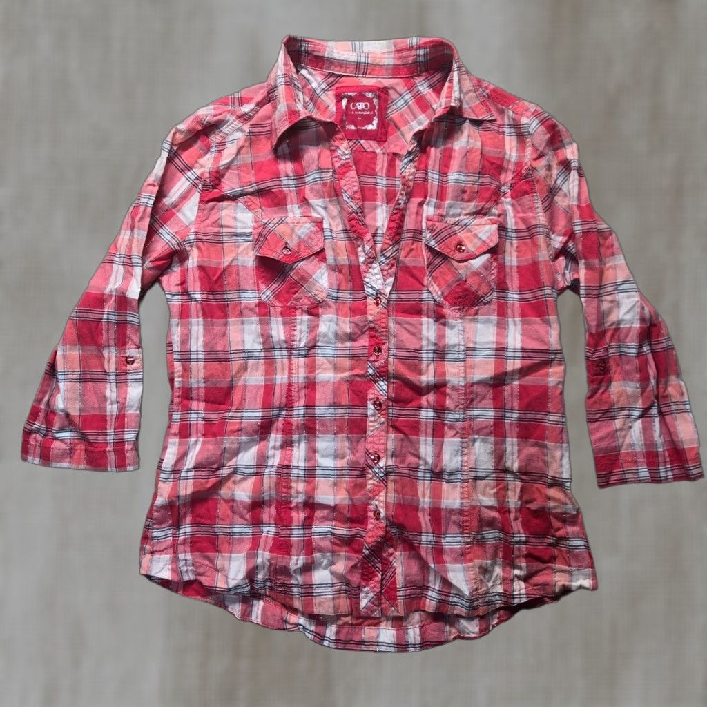 Vintage Cato Shirt Womens Large L Red Plaid Long Sleeve Roll Tab Snap Button Vintage? (Note: vintage rule; but item not vintage. Use NO Vintage. Use not add.) Size L / US 10 / IT 46 - 1 Thumbnail