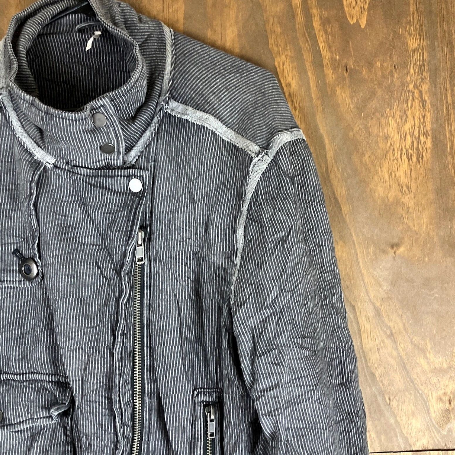 Free People Free People Womens Jacket Gray Charcoal Railroad Stripe Moto Stretch Small Jacket Women Regular S Gray Striped Casual Everyday Warmth Womens Size S / US 4 / IT 40 - 5 Thumbnail