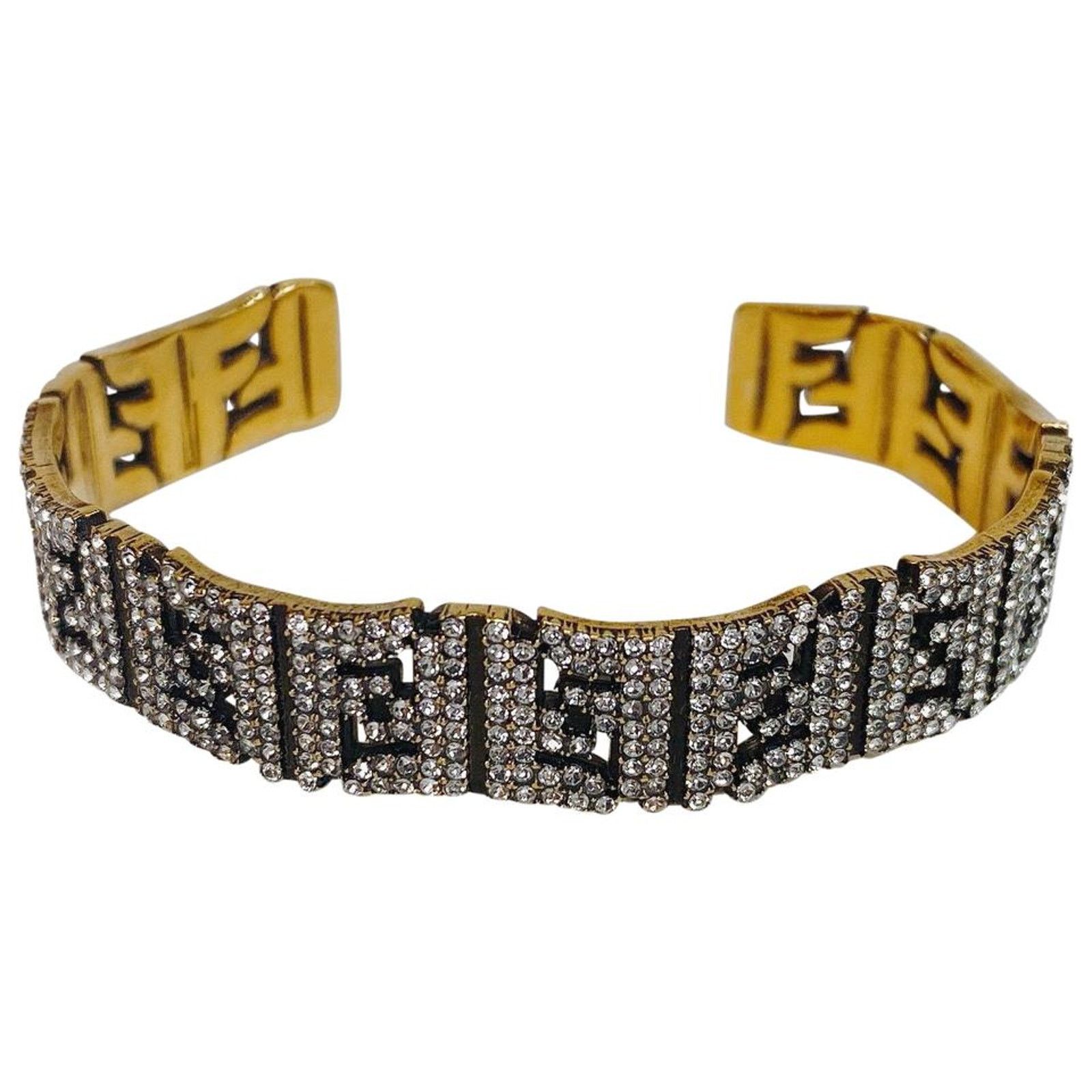 Fendi FF logo crystal gold tone bracelet cuff bangle M Size ONE SIZE - 1 Thumbnail