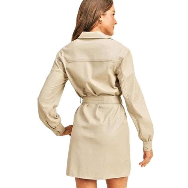 Other Reset Medium Cream Faux Leather Button Down Tie Waist Dress Size M / US 6-8 / IT 42-44 - 2 Thumbnail