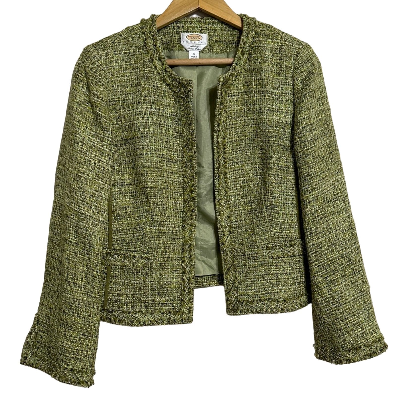 Other Talbots Tweed Fringe Open Front Blazer Green Size 10 Size L / US 10 / IT 46 - 1 Thumbnail
