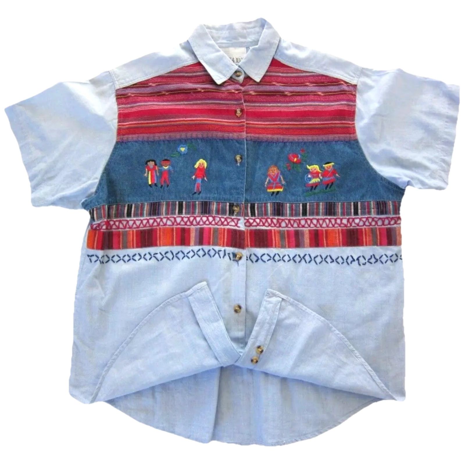 Vintage VINTAGE Casey & Max Cotton Blue Embroidered People Button Down Blouse Large Women's Shirt Size L / US 10 / IT 46 - 6 Thumbnail