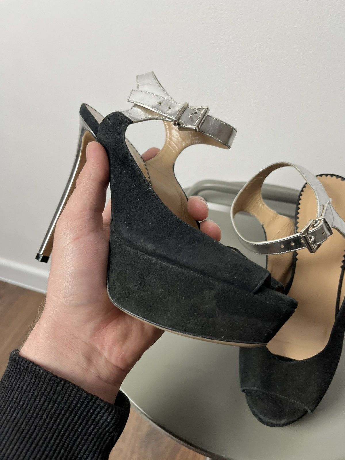 Emporio Armani Emporio Armani Black Suede Peep Toe Heels with Silver Straps Size US 6 / IT 36 - 6 Thumbnail