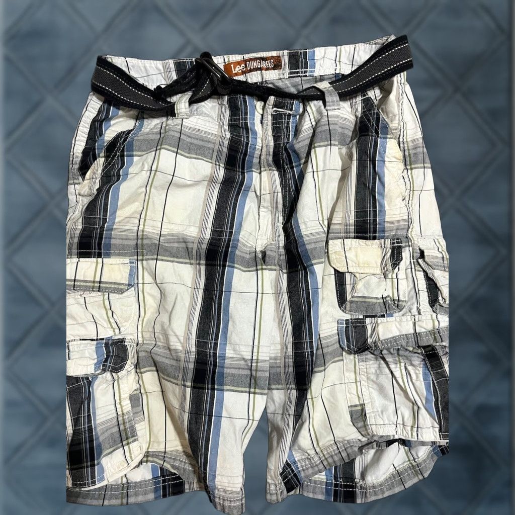 Lee Lee Cargo shorts Men 33 x 11 White Blue Plaid Belted Cargo Solid Cotton Multi Color Casual 90s American Army Beach Outdoor Mens Size US 33 - 1 Thumbnail