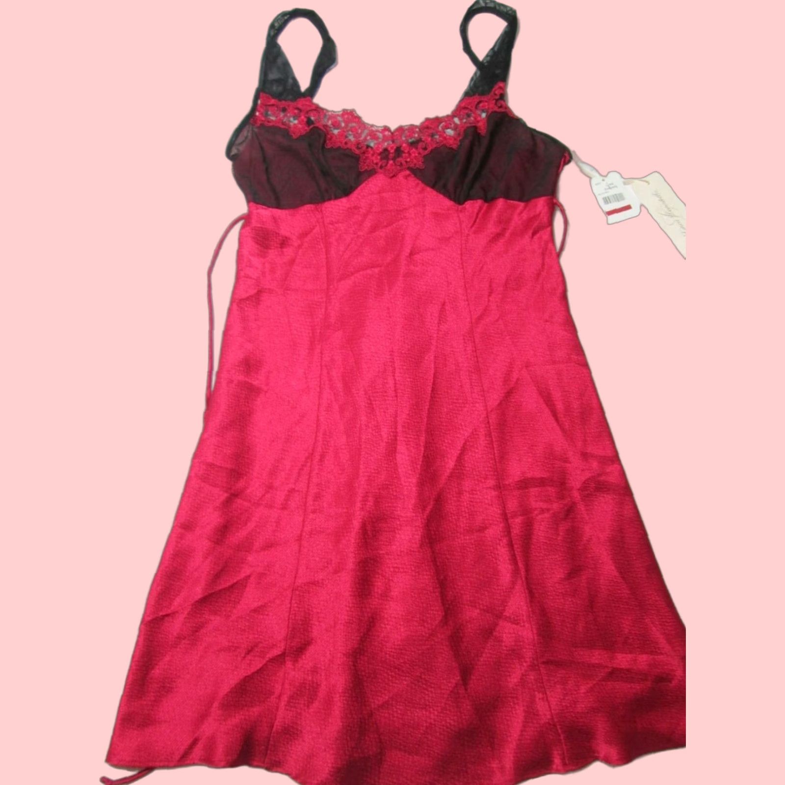 Vintage Linea Donatella Womens Chemise Extra Large Red Lace Sheer Wide Straps Lingerie